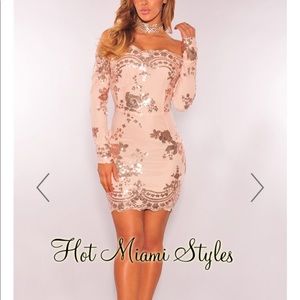 Rose Gold Floral Sequins Off Shoulder Dress